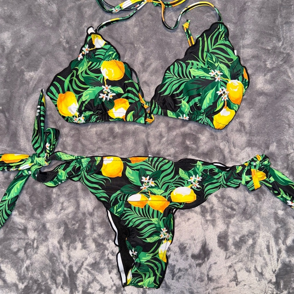 Floral tropical Bikini Top & bottom padded triangle swim tropical bathing suit L